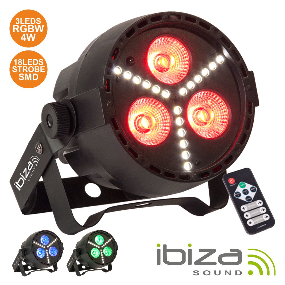 Projetor Luz C/ 3 LEDS RGBW E 18 LEDS Strobe DMX IBIZA - (PAR-MINI-STR)