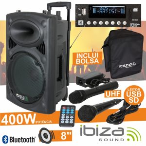 Coluna Amplificada 8" 400W USB/BT/SD/Bat Uhf Preta IBIZA - (PORT8UHF-BT)