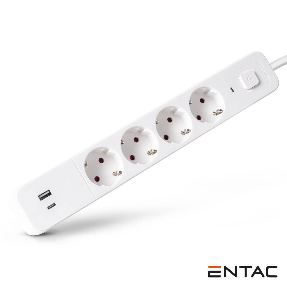 Extensão Elétrica 4x Schuko +2 USB C/ Interruptor 1.5m ENTAC - (ESES1.5G4-1.5-SW-1)