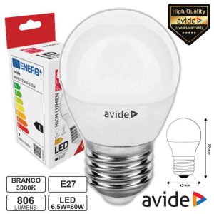 Lâmpada LED E27 Globo G45 6.5W 230V 3000K 806lm AVIDE - (ABMG27WW-6.5W)