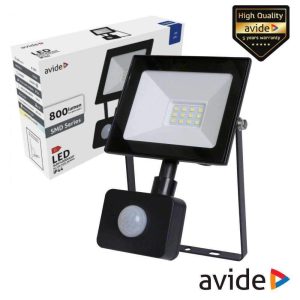 Foco LED 10W 230V C/ Sensor 6400K 800lm Preto IP44 AVIDE - (ASFLCW-10W-PIR)
