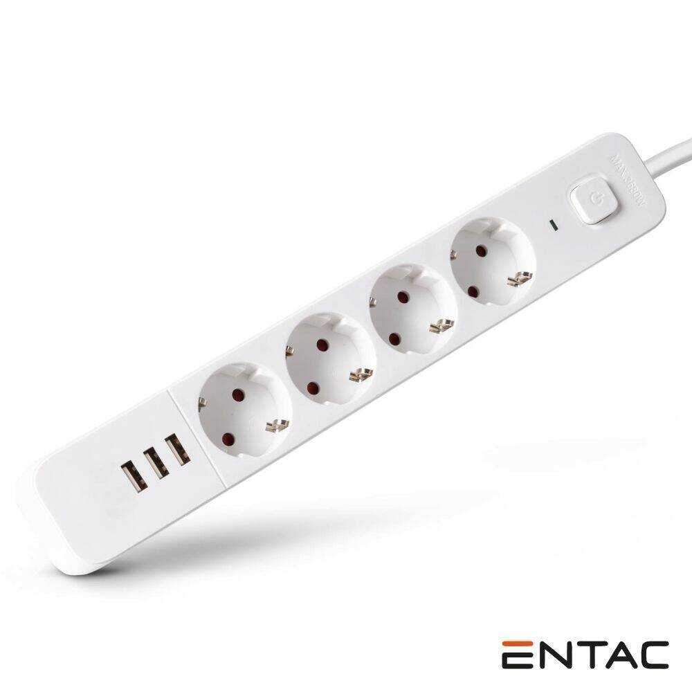 Extensão Elétrica 4x Schuko +3 USB C/ Interruptor 1.5m ENTAC - (ESES1.5G4-1.5-SW-3)