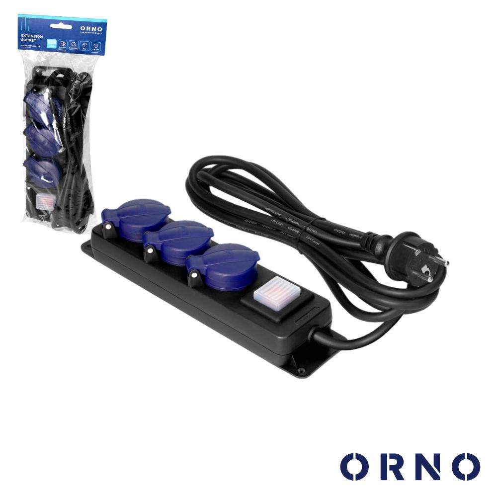 Extensão Elétrica 3x Schuko C/ Interruptor 3m IP44 ORNO - (OR-AE-13296(GS)/3M)