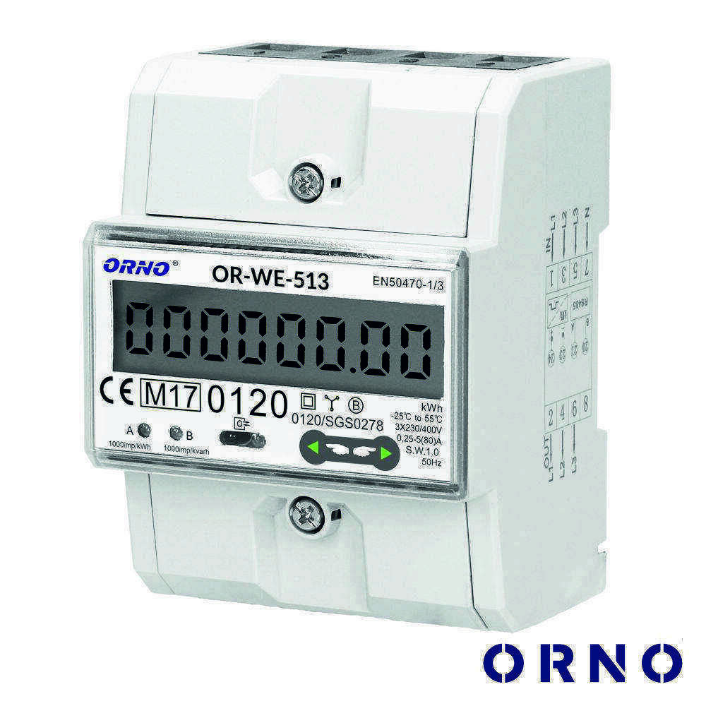 Contador de Energia Trifásico 230V/80A 4.5 Módulo Din ORNO - (OR-WE-513)