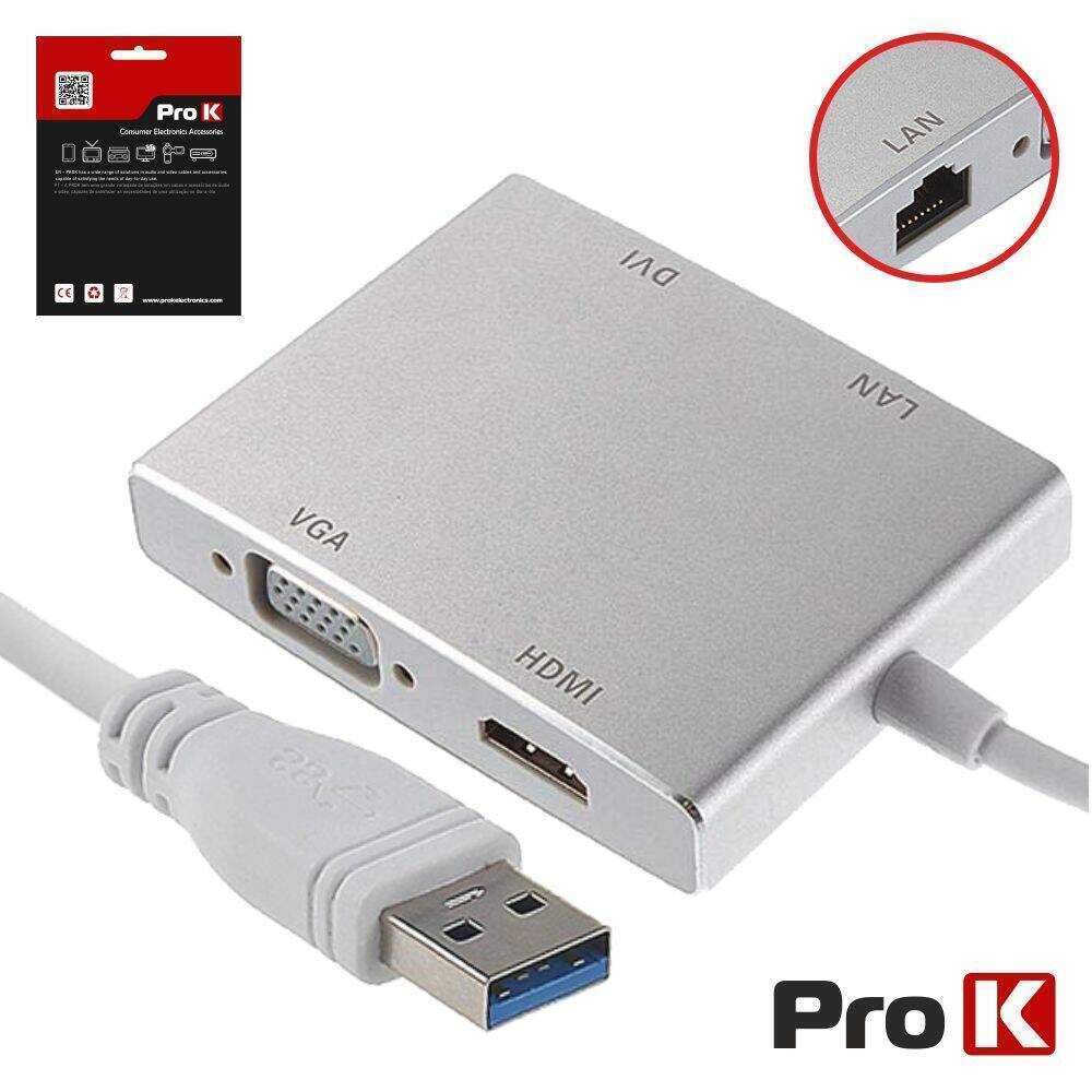 Cabo Adaptador USB-A 3.0 / DVI+HDMI+VGA+RJ45 PROK - (PK-USB104)