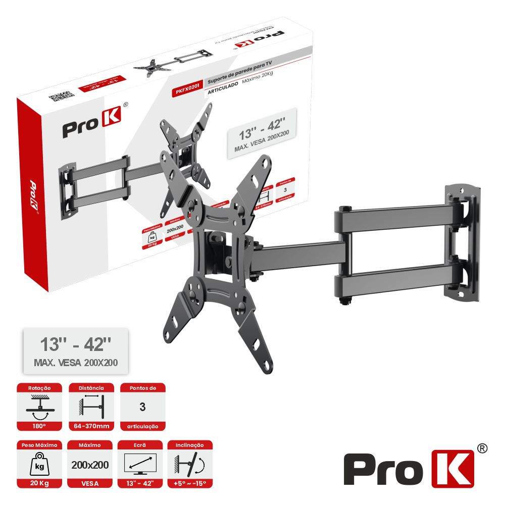 Suporte TV Articulado 3 pontos 13-42" 20kg Vesa 200x200 PROK - (PKFX0201)