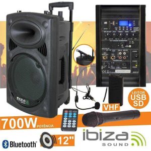 Coluna Amplificada 12" 700W USB/BT/SD/BAT VHF Preta IBIZA - (PORT12VHF-BT)