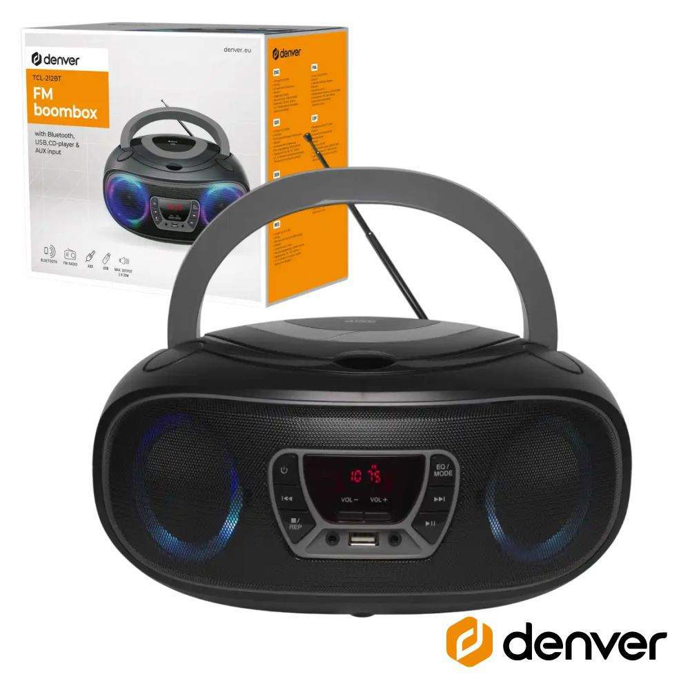 Rádio Portátil Leitor FM/BT/Cd/USB Colunas 2x2W LEDS DENVER - (TCL-212BTGREY)
