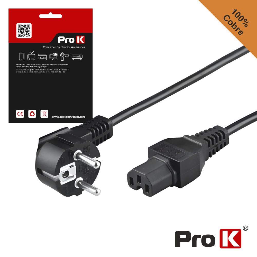 Cabo Alimentação Schuko Macho 3P / IEC C15 Fêmea 1.5m PROK - (CIEC15/1.5B)