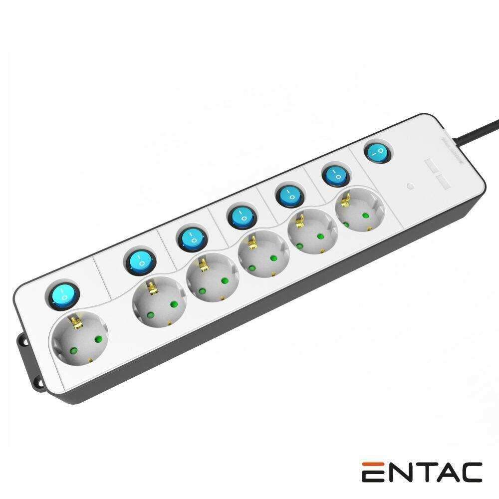 Extensão Elétrica 3G1.5 6xSchuko C/ Interruptores 1.5m ENTAC - (ESE1.5G6-1.5-SW-W)