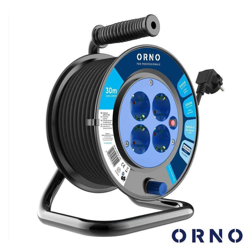 Extensão Elétrica C/ Enrolador 4x Schuko 30m H05VV-F ORNO - (OR-AE-13301(GS)/30)